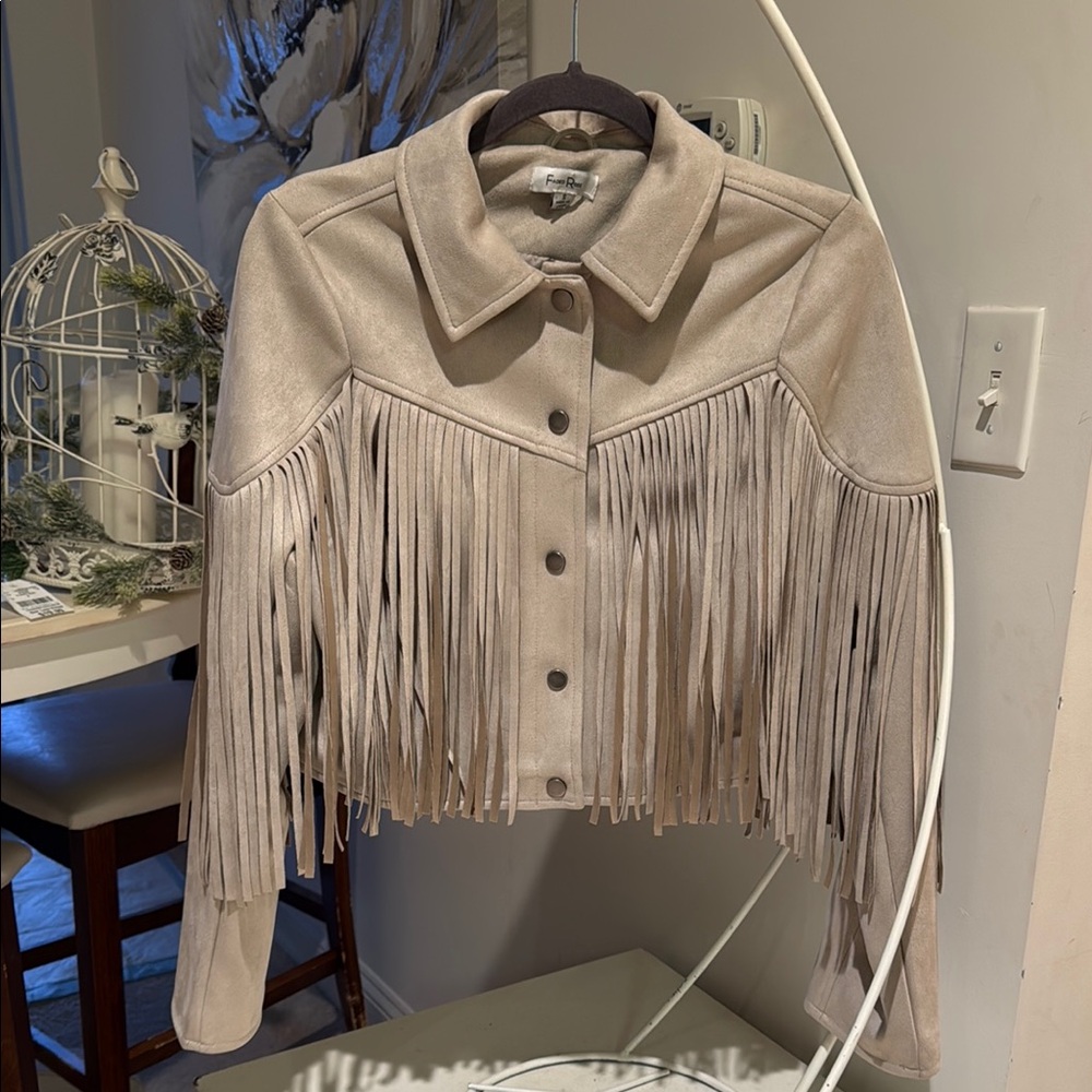 Faded Rose  Faux  Suede cropped  Fringe Jacket  in beige /brand new